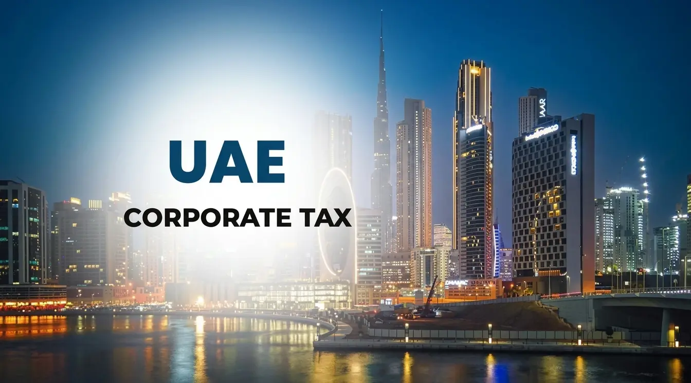 Corporate Tax in UAE with Dubai skyline and modern business buildings